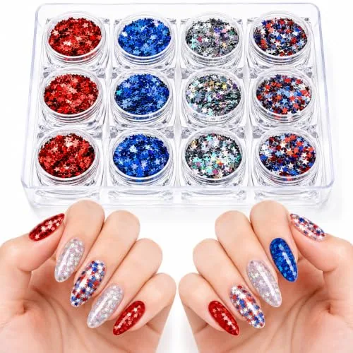 12 Boxes 4th of July Nail Art Star Glitter Nail Decals, Clear