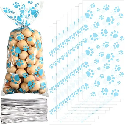 200 Piece Dog Treat Bags Pet Paw Cellophane Bag Pet Party Blue