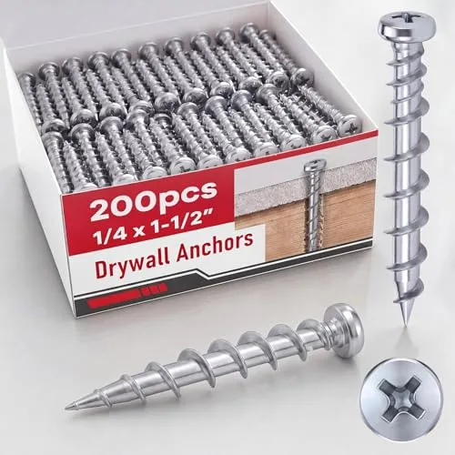 200 Piece Drywall Anchors 1/4 x 1-1/2 Inch Pan Head Alloy Steel, Silver