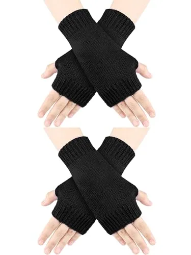 2 Pair Fingerless Gloves Wrist Soft Knitted Flexible, Black
