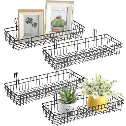 4 Piece 15.75 x 5.91 x 1.97 Inch Metal Grid Wall Baskets, Black