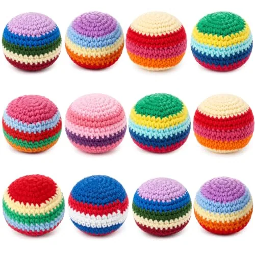 12 Piece Crochet Footbag Set - Handmade Knitted Kick Ball, Multicolour