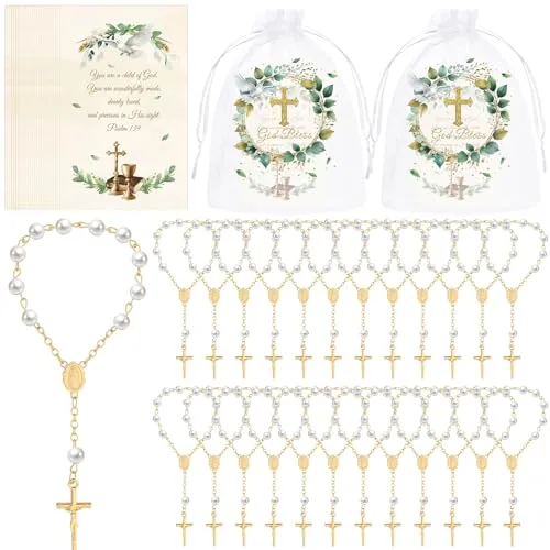 24 Piece Baptism Favors Set Includes Mini Rosary Favors Acrylic, Gold