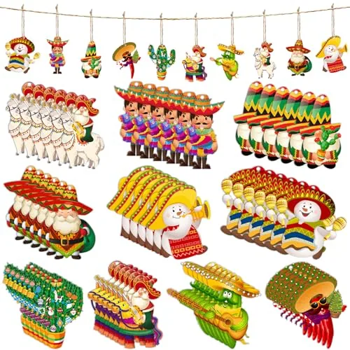 60 Piece Wooden Mexican Christmas Ornaments Funny Cinco De Mayo, Red