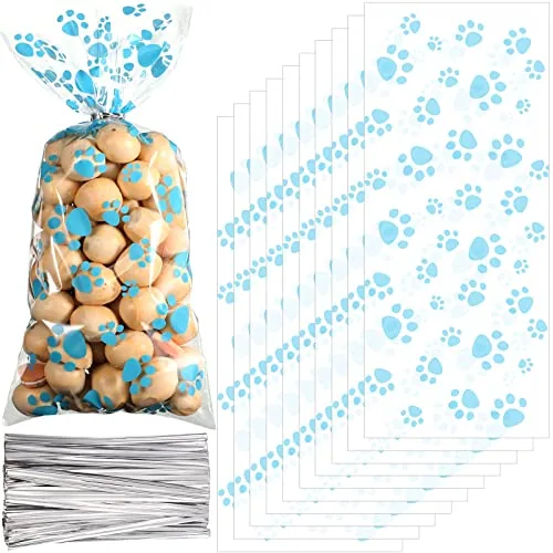 200 Piece Dog Treat Bags Pet Paw Cellophane Bag Pet Party Blue