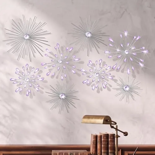 8 Piece Lavender Wall Art Cast Iron Starburst Metal Wall Decor, Purple