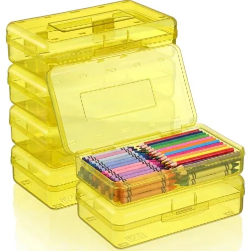 6 Piece Large Plastic Pencil Case Box Clear Pencil Boxes Bulk, Yellow