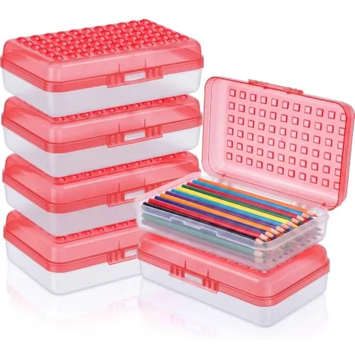 6 Piece Plastic Pencil Boxes Bulk Large Pencil Case, Red
