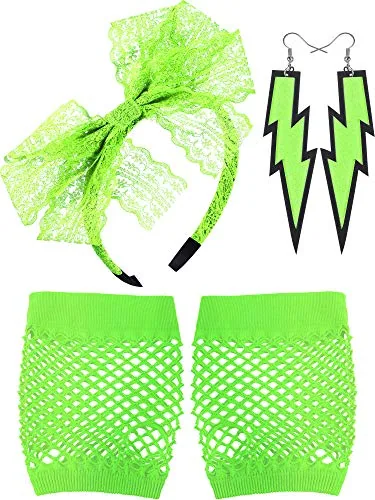 3 Piece Fluorescent Green 80s Accessories Lace Headband Fishnet