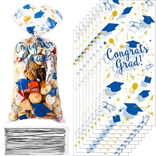 100 Piece Graduation Cellophane Treat Bags Congrats Graduates Candy, Blue