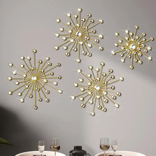 4 Piece Metal Wall Decor Bling Crystal Wall Art Cast Iron, Gold