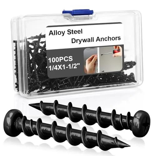 100 Piece Drywall Anchors 1/4 x 1-1/2 Inch Alloy Steel Light Wall, Black