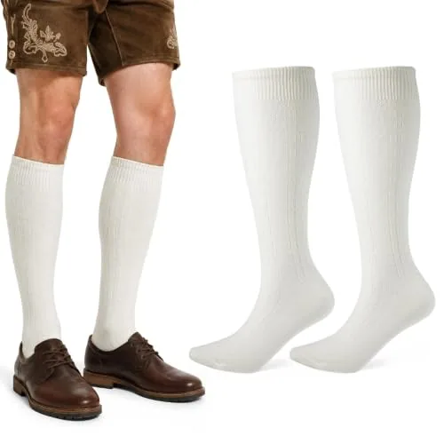 2 Pairs Oktoberfest Lederhosen Socks Bavarian Long Knee, White