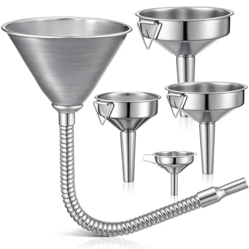 5 Piece Set of 5 Stainless Steel Flexible Oil Funnels, Silver