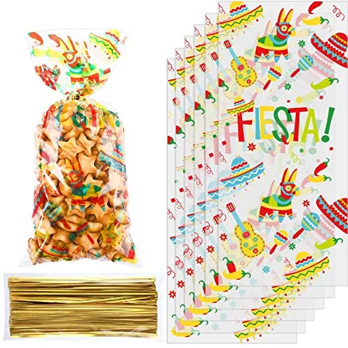 100 Piece Mexican Fiesta Cellophane Treat Bags, Gold