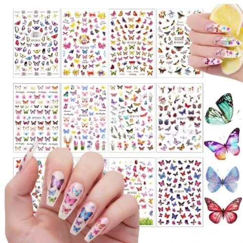 Self-Adhesive 24 Sheets Colorful Butterfly Nail Stickers, Multicolour