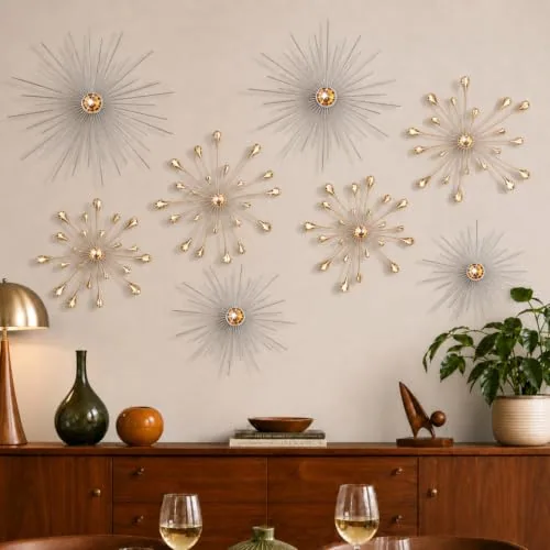 8 Piece Metal Wall Art Cast Iron Starburst Wall Decor Bling, Orange