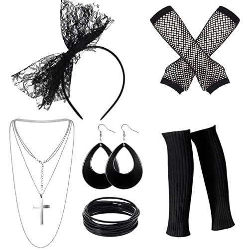 6 Piece 80s Outfit Costume Accessories, Black