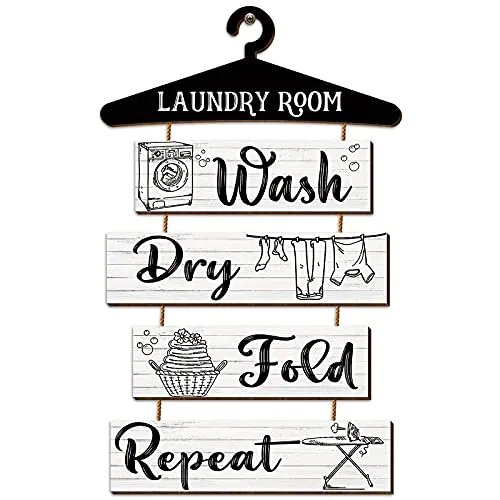 5 Piece Laundry Room Decor Sign Wash Dry Fold, White