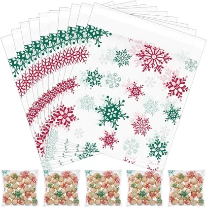 300 Piece Self-Adhesive Christmas Cookie Bags Snowflake Cellophane Self Adhesive, Red