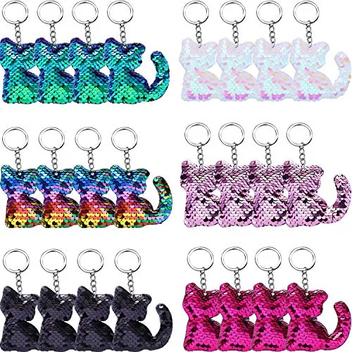 24 Piece Flip Sequin Cat Keychains, Pink