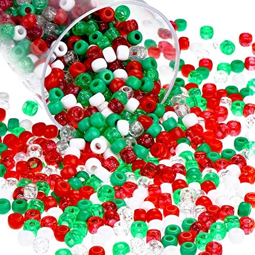 850 Piece Christmas Pony Beads Glitter Plastic Red Green White Clear