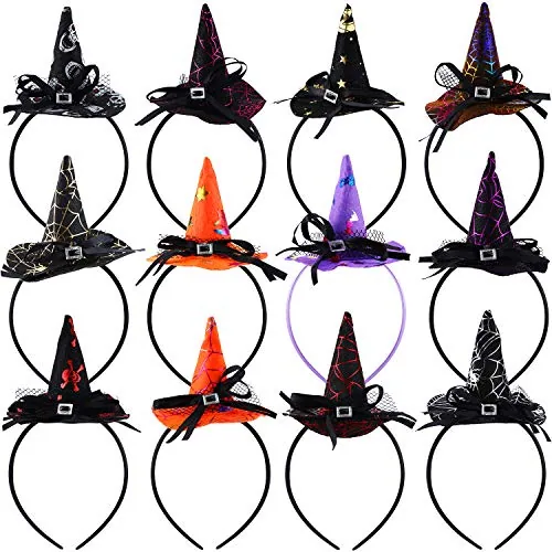 12 Piece Halloween Witch Hat Headbands Bulk Women Cosplay Costume, Multicolour