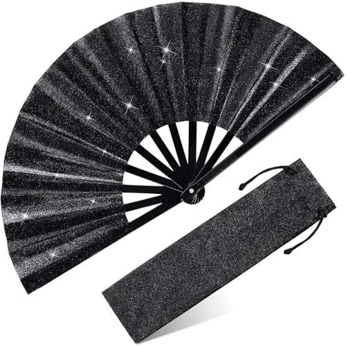 Large Glitter Black Folding Rave Fans Silk Clack Popping