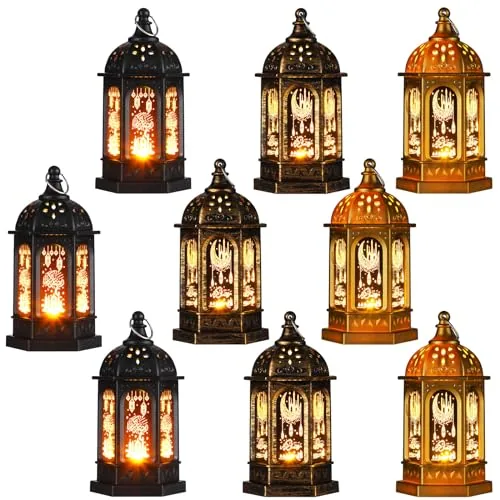 9 Piece Ramadan Lantern Moroccan Style Vintage Decorative LED, Gold