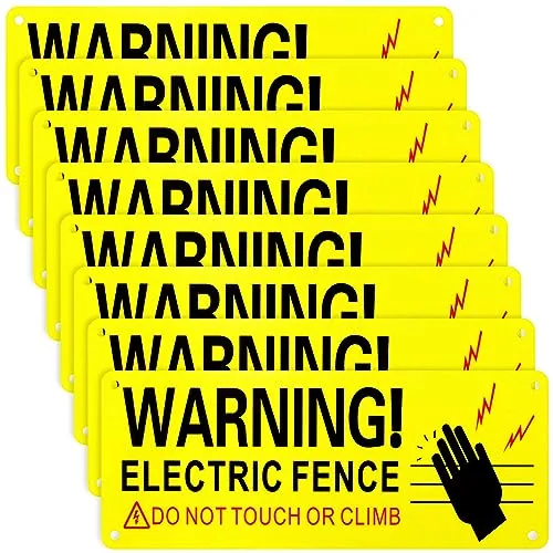 8 Piece Metal Electric Fence Warning Signs 10 x 4 Inches, Yellow