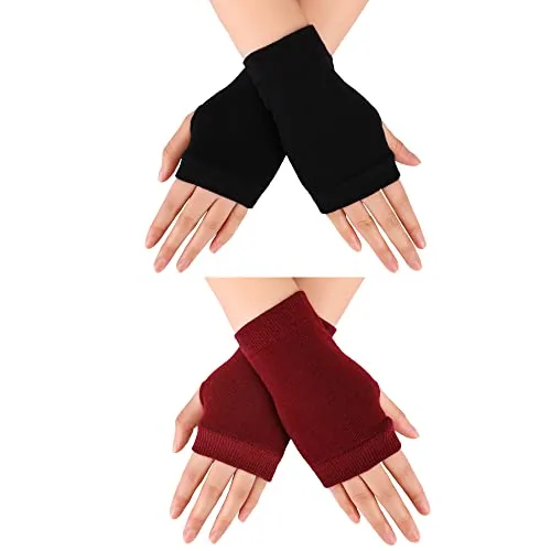 2 Pairs Knitted Fingerless Gloves, Black