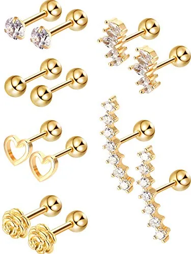 6 Pairs Stainless Steel Tragus Cartilage Earrings Labret, Gold