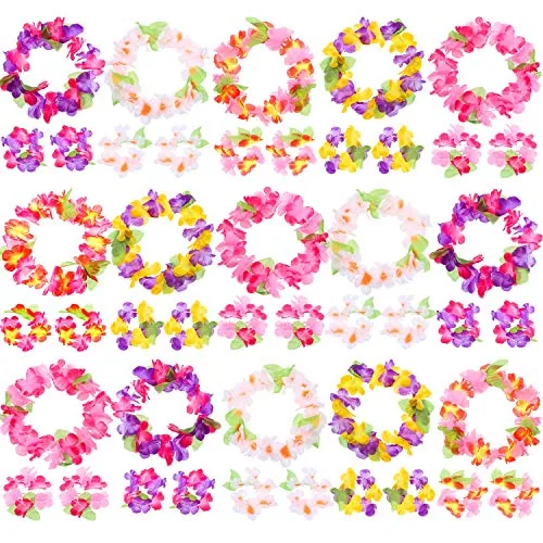 18 Piece Leis Bracelets Hawaiian Flower Leis Headbands Luau Party