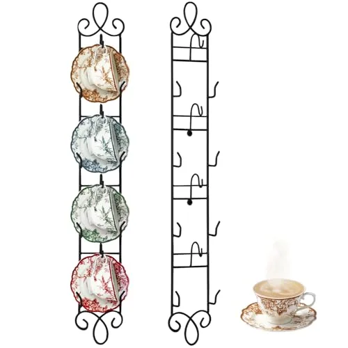 2 Piece Wall Mounted Tea Cup & Saucer Display Rack 4 Tiers, Black