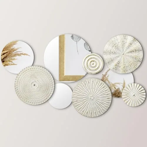 9 Piece Gold Mirror Wall Decor Metal Round Home Art Decor, White