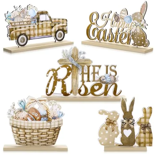 5 Piece Easter Table Decorations Wooden Bunny Signs Wood Easter