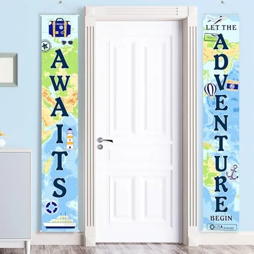 Adventure Awaits Bon Voyage Banner Travel Party Decor, Blue