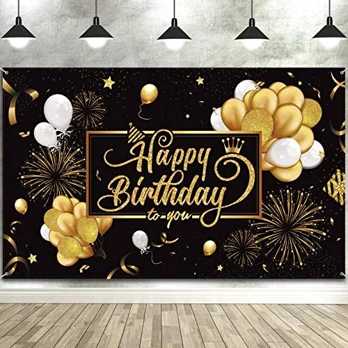 Folding and Gold Happy Birthday Banner Sign Photo Backdrop, Black