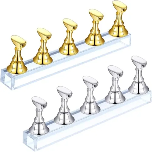 2 Piece Magnetic Nail Stand Holder Press on Nails, Gold