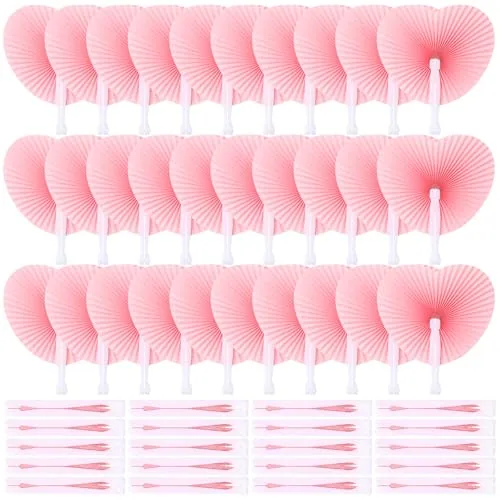 60 Piece Wedding Decorative Paper Folding Hand Fan Handheld Heart, Pink