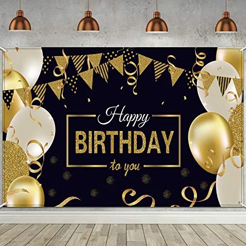 Happy Birthday Banner Sign Poster Black and Gold Large