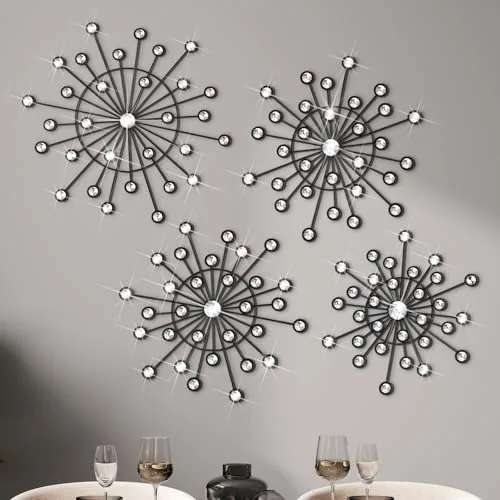 4 Piece Metal Wall Decor Bling Crystal Wall Art Cast Iron, Black