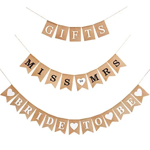 3 Piece Bridal Shower Banner Rustic Burlap Bunting Decor, Black