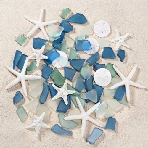 12 Piece Sea Glass Decor 5.3 oz and 12 Pcs Resin Starfish Sand