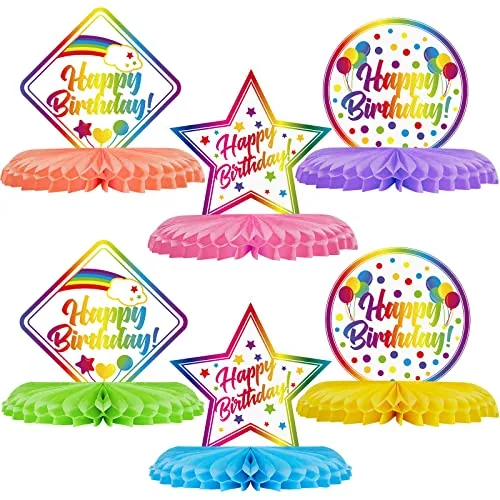 6 Piece Happy Birthday Table Decorations Colorful Paper Honeycomb, Multicolour