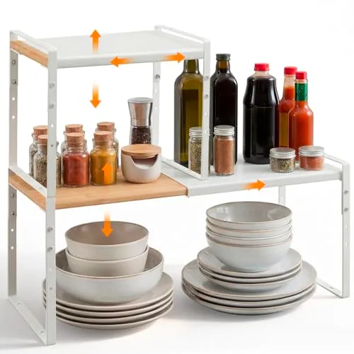 2 Piece 13-24.4 in Expandable Kitchen Cabinet Shelf Organizer, White