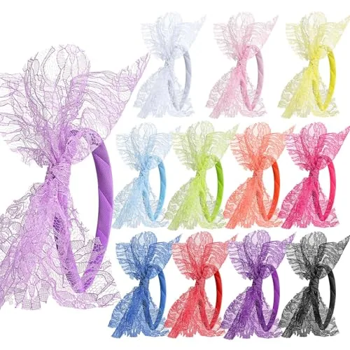 12 Piece 80s Lace Bow Headband Women Retro Party Hair