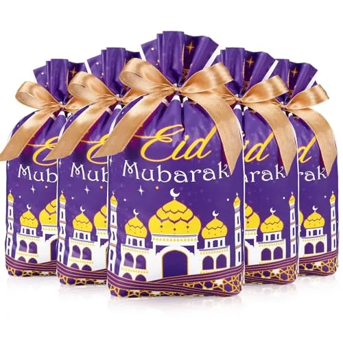 50 Piece Eid Mubarak Gifts Bags Plastic Ramadan Gift Bags, Purple