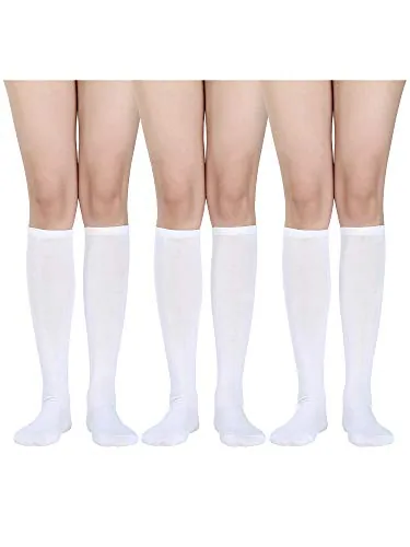 3 Pairs Women Knee High Socks Cotton Long Tube Athletic, White