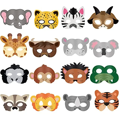 16 Piece Safari Animal Masks, Multicolour